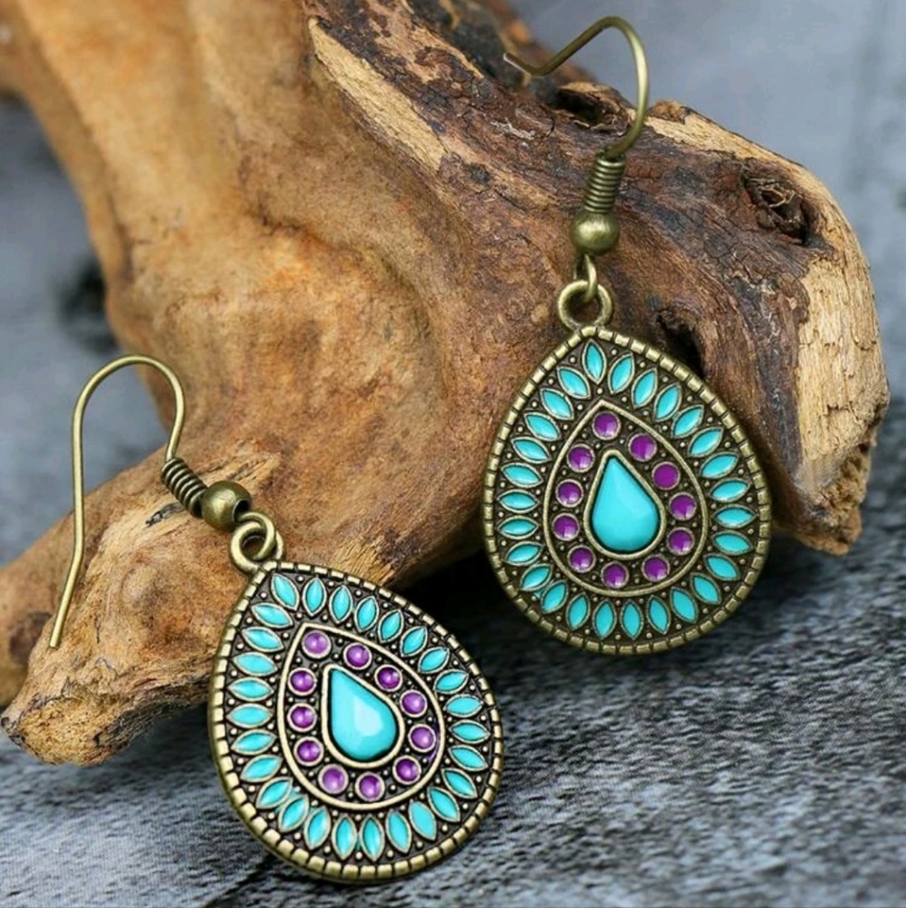 Turquoise and Purple Teardrop Earrings